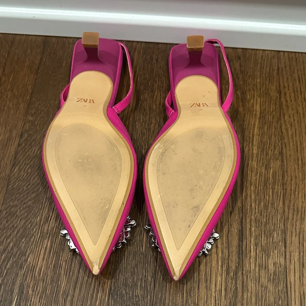 Zara Hot Pink Pointed Slingback Heels with Crystal Buckles - Picture 3 of 3